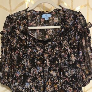 CeCe Black Floral Ruffle Blouse